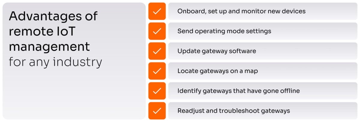 Six advantages of remote IoT management for any industry: onboarding, settings, updates, location, monitoring, and troubleshooting