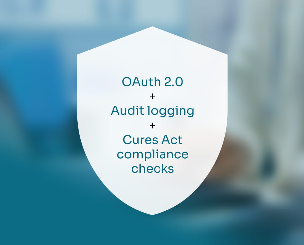 Security layer: OAuth 2.0 + audit logging + Cures Act compliance checks