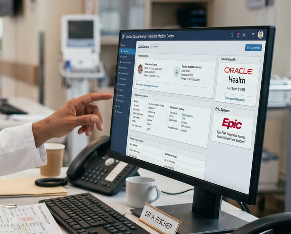 SMART on FHIR launch flow: doctor clicks icon in Epic → SSO → patient context loaded